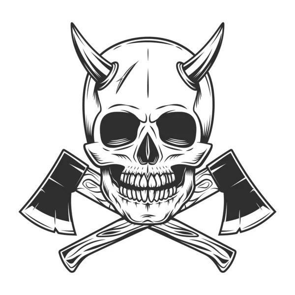 Skull with horns wood lumberjack or construction builder axe in vintage monochrome style illustration