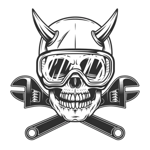 Skull with horns in safety glasses and body shop mechanic spanner repair tool or construction wrench for gas and builder plumbing pipe in vintage monochrome style illustration