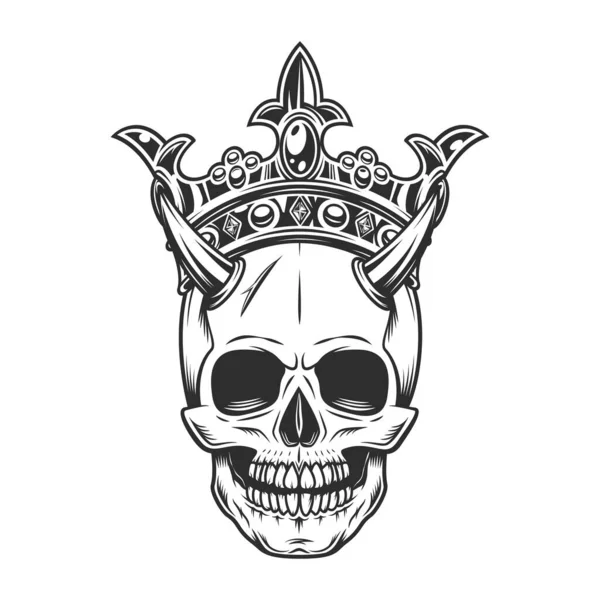 Crânio Com Chifres Rei Coroa Real Ilustração Estilo Monocromático Vintage — Fotografia de Stock