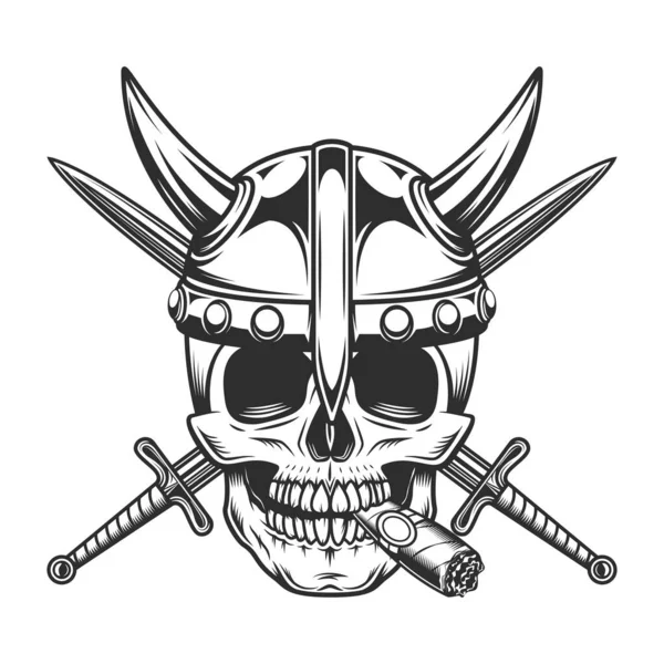 Cráneo Vikingo Fumando Cigarro Cigarrillo Emblema Vintage Con Cráneo Guerrero — Foto de Stock