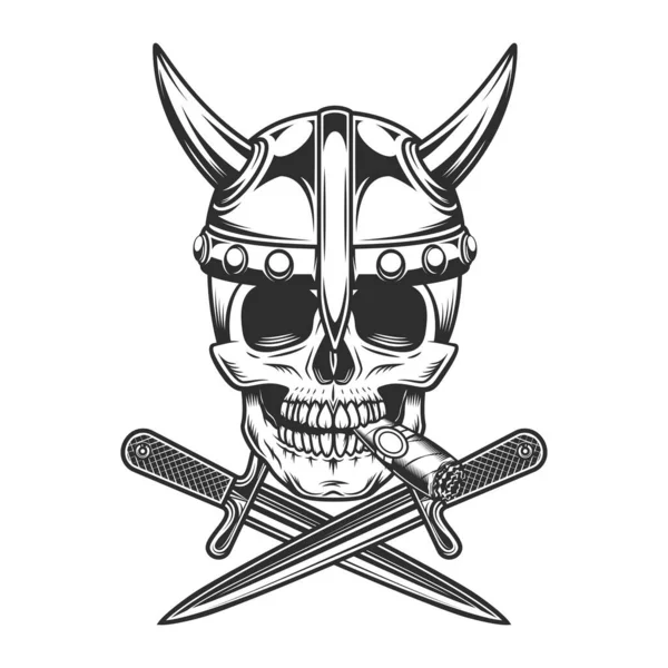 Viking vintage emblem with skull smoking cigar or cigarette smoke serious medieval nordic warrior in horned helmet and battle knife isolated illustration