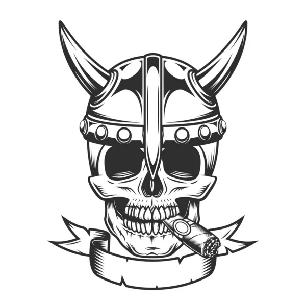 Emblema Vendimia Vikinga Con Cráneo Fumando Cigarro Humo Cigarrillo Guerrero — Foto de Stock