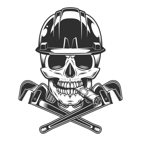 Vintage skull smoking cigar or cigarette smoke in hard hat with body shop mechanic spanner repair tool or construction wrench for gas and builder plumbing pipe in monochrome style isolated illustration