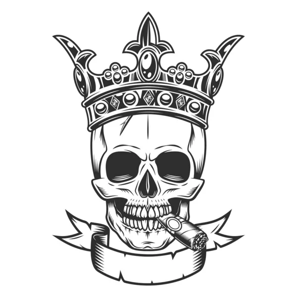 Skull Smoking Cigar Cigarette Smoke Crown King Crossed Swords Ribbon — Fotografia de Stock