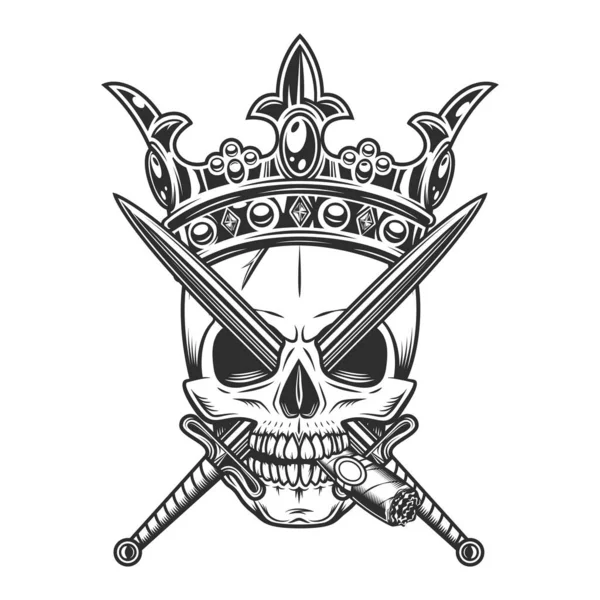 白を背景に独立した剣で王冠王の頭蓋骨の喫煙葉巻やタバコの煙 ヴィンテージクラウン エレガントな女王や王の冠 王室の戴冠式のシンボル — ストック写真