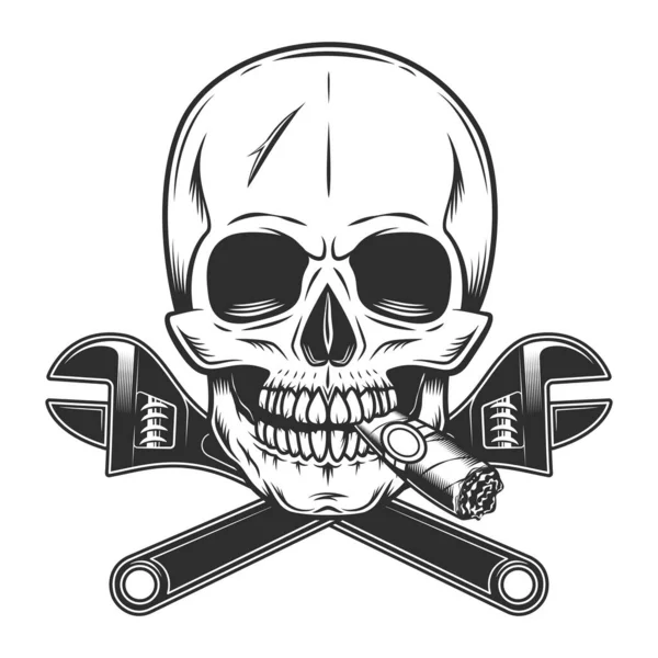 Skull  smoking cigar or cigarette smoke with wrench tools in monochrome illustration style icon. Construction spanner plumbing key tool isolated on white background.