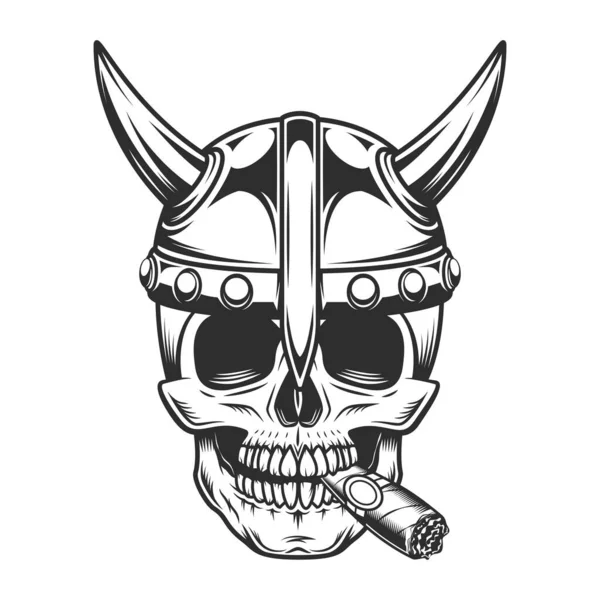 维京老式标志 头盖骨吸烟雪茄或香烟烟熏严重中世纪北欧战士戴着角形头盔和战刀孤立的插图 — 图库照片