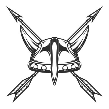 Viking miğferi ve monokrom tarzında izole edilmiş klasik av oku. Etiket, imza ve amblem için tasarım ögesi