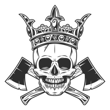 Skull in crown and crossed metal ax with handle made of wood. Wooden axe construction builder tool. Element for business woodworking or lumberjack emblem or icon.