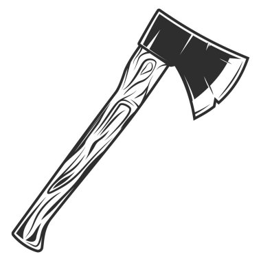 Wooden axe isolated on white background. Element for business woodworking or lumberjack emblem or icon. Builder construction metal ax with handle made of wood