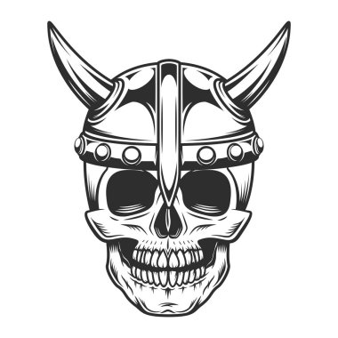 Boynuzlu miğfer takmış ciddi bir ortaçağ İskandinav savaşçısına ait klasik Viking amblemi.