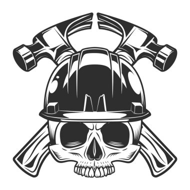 Business builder crossed hammers from new construction and remodeling house with half skull and hard hat in monochrome vintage style illustration