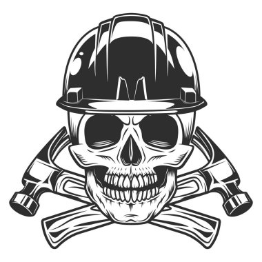 Skull and crossed builder hammers with hard hat from new construction and remodeling house business vintage style isolated vector illustration