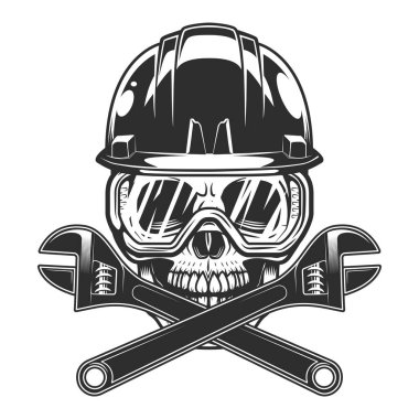 Builder plumber skull in hard hat and glasses with crossed plumbing wrench from business new construction and remodeling house vintage style illustration