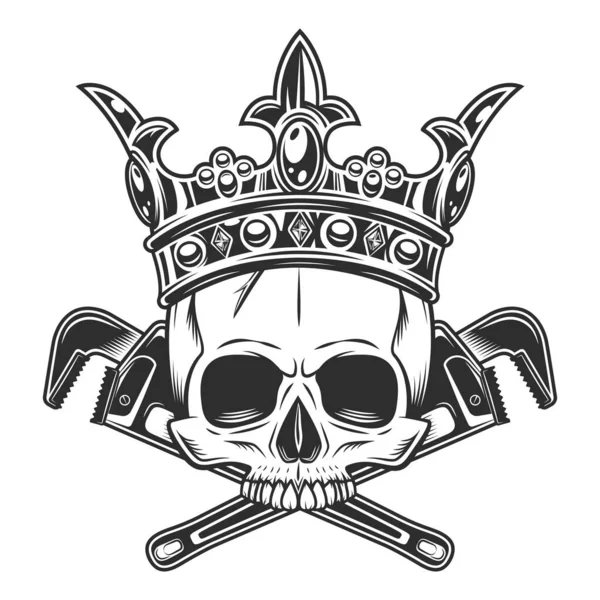 Vintage half skull in royal crown with body shop mechanic spanner repair tool or construction wrench for gas and builder plumbing pipe in monochrome style illustration