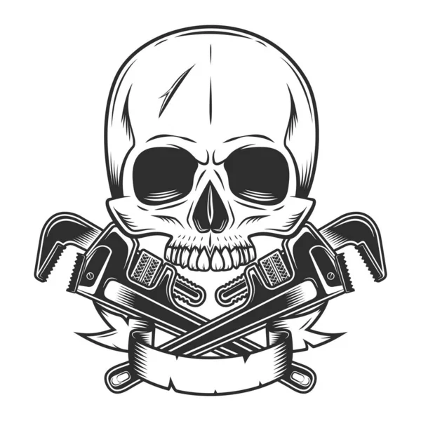 Vintage skull without jaw with body shop mechanic spanner repair tool or construction wrench for gas and builder plumbing pipe with ribbon in monochrome style isolated illustration