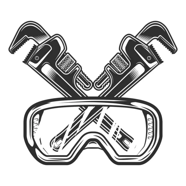 Vintage Schutzbrille Mit Karosseriemechaniker Schraubenschlüssel Reparaturwerkzeug Oder Bauschlüssel Für Gas — Stockfoto