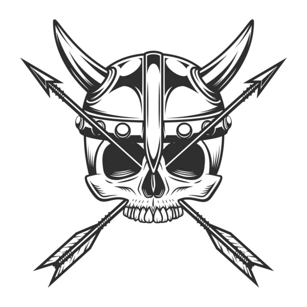 モノクロームスタイルの孤立したイラストで角付きヘルメットとヴィンテージ狩猟矢印と顎のないバイキング頭蓋骨 ラベルや記号 紋章のデザイン要素 — ストック写真