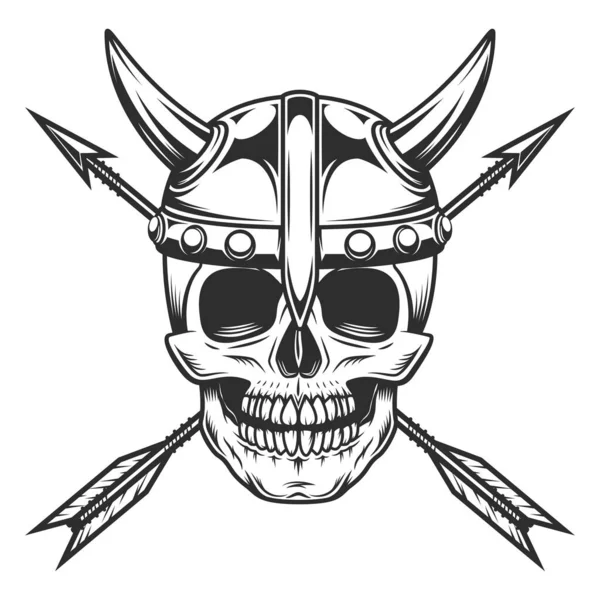 Viking skull with horned helmet and vintage hunting arrow in monochrome style isolated illustration. Design element for label or sign and emblem