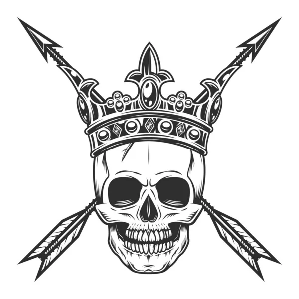 Skull with royal crown and vintage hunting arrow in monochrome style isolated illustration. Design element for label or sign and emblem