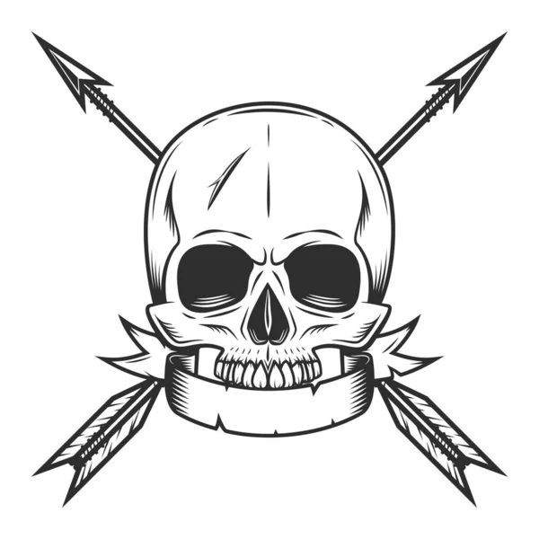 Skull Jaw Ribbon Vintage Hunting Arrow Monochrome Style Isolated Illustration — Stock Photo, Image
