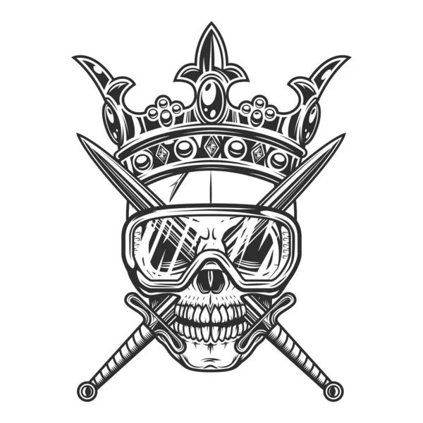 Skull in crown king with crossed swords and new construction builder safety glasses isolated illustration on white background. Vintage crowning, elegant queen or king crowns.
