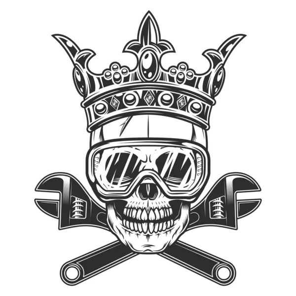 Skull with construction spanner plumbing wrench key tools and crown king, safety glasses in monochrome illustration style icon.