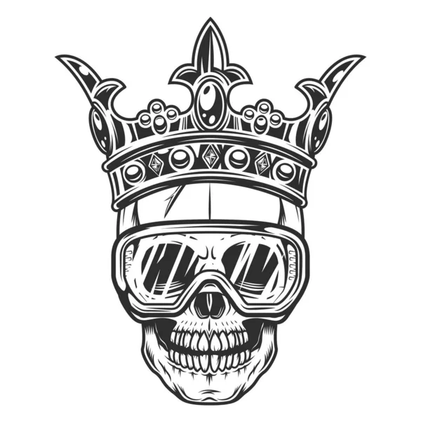 Construction worker skull builder with crown king and protective glasses in vintage monochrome style isolated illustration