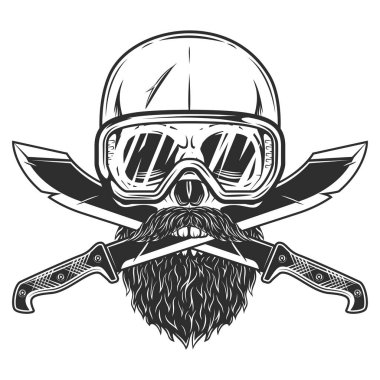 İnşaat gözlüklü, bıyıklı, sakallı ve çakı gibi keskin bıçaklı bir avcı silahı olan bir kafatası. Beyaz arkaplanda siyah ve beyaz vektör izole edildi