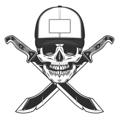 Beyzbol şapkalı bir kafatası ve keskin bıçaklı ormanda bir avcı silahı. Beyaz arkaplanda siyah ve beyaz vektör izole edildi