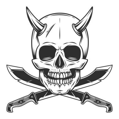 Boynuzlu kafatası ve keskin bıçaklı avcı silahı ormanda. Beyaz arkaplanda siyah ve beyaz vektör izole edildi