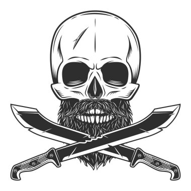 Sakallı ve bıyıklı bir kafatası ve çapraz bıçaklı, ormanda bir avcı silahı. Beyaz arkaplanda siyah ve beyaz vektör izole edildi