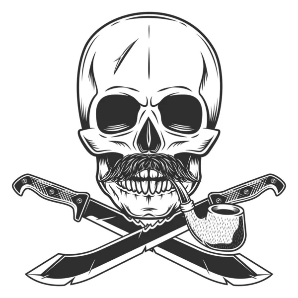 Skull Smoking Pipe Mustache Crossed Machete Sharp Knife Ribbon Melee — Stock Vector