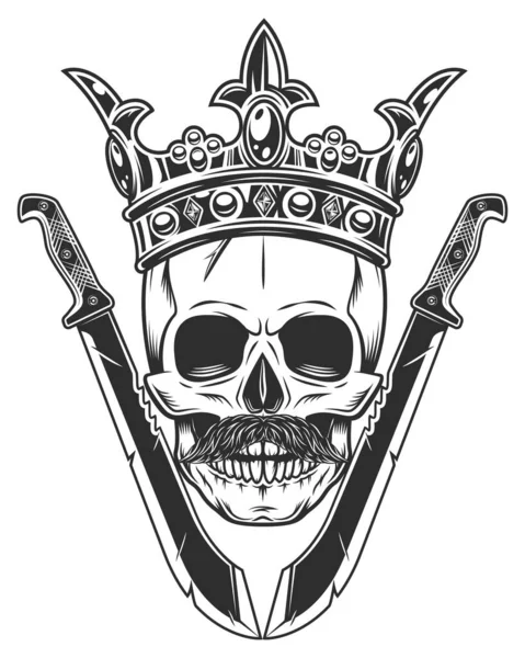 Cráneo Corona Rey Real Bigote Con Machete Cruzado Cuchillo Afilado — Vector de stock