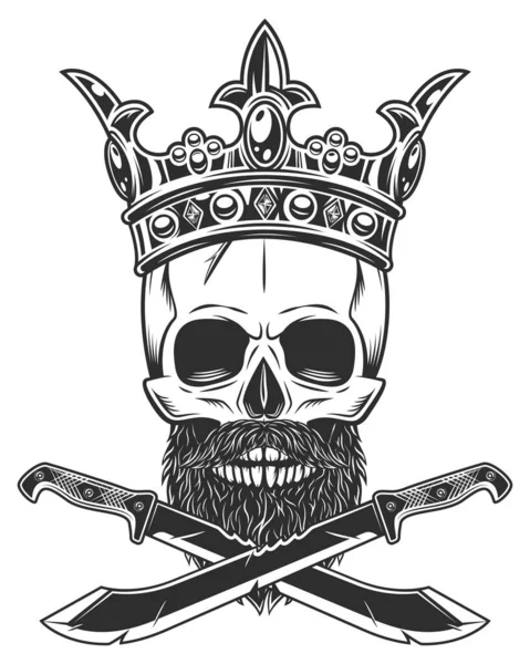 Crânio Coroa Rei Real Com Barba Bigode Com Facas Cruzadas — Vetor de Stock