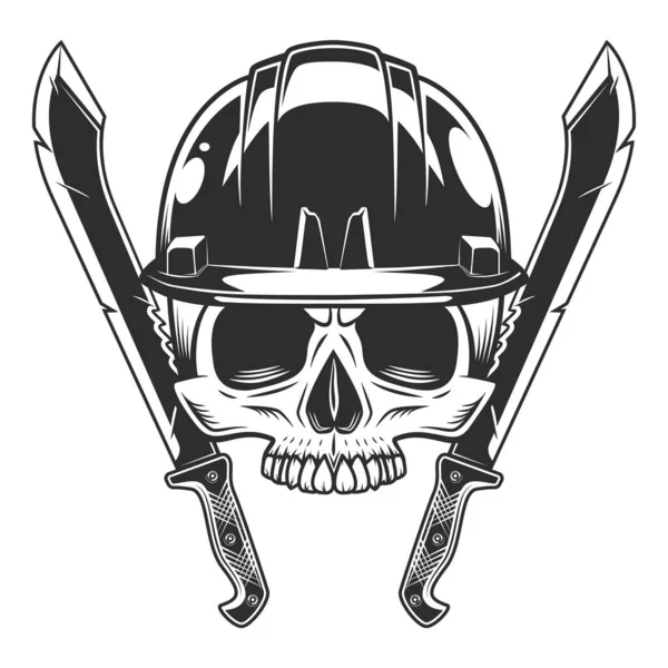 Skull Jaw Construction Hard Hat Helmet Crossed Machete Sharp Knife — Stock Vector
