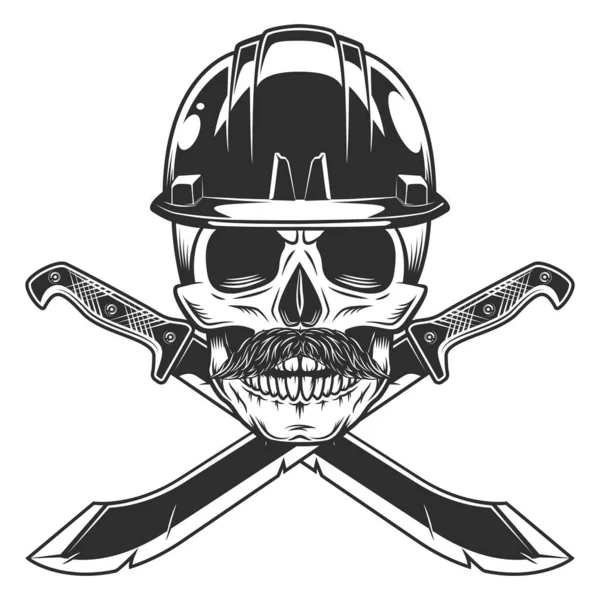 骷髅建造硬帽头盔和胡子与交叉大砍刀锋利的刀和带子 丛林里猎手的近战武器在白色背景上孤立的黑白矢量 — 图库矢量图片