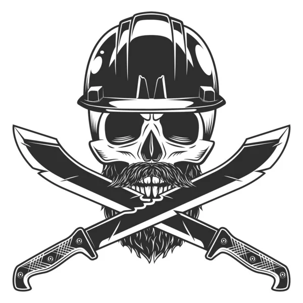 骷髅建造硬帽头盔与胡子和交叉大砍刀锋利的刀和带子 丛林里猎手的近战武器在白色背景上孤立的黑白矢量 — 图库矢量图片