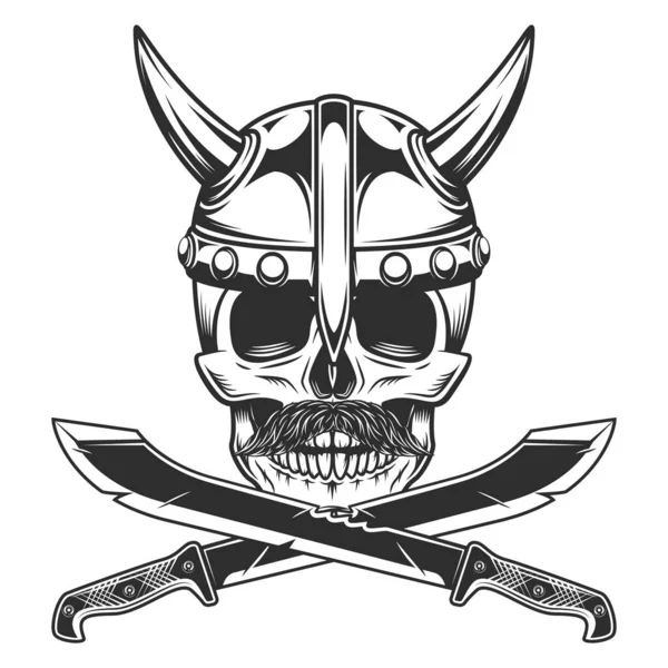 Cráneo Vikingo Casco Con Cuernos Bigote Con Machete Cruzado Cuchillo — Vector de stock