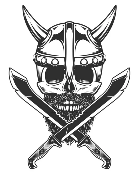Viking Skull Horned Helmet Beard Mustache Crossed Machete Sharp Knife — Stock Vector