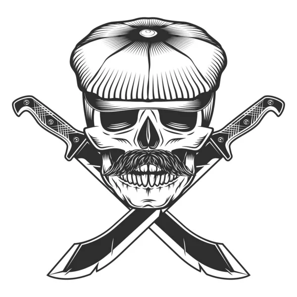 Skull Flat Cap Mustache Crossed Machete Sharp Knife Ribbon Melee — Stock Vector