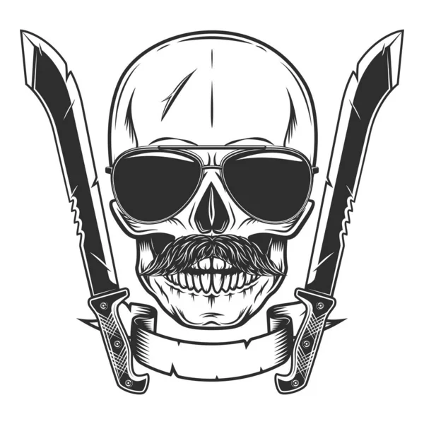 Crâne Dans Les Lunettes Soleil Avec Moustache Croisé Machette Couteau — Image vectorielle