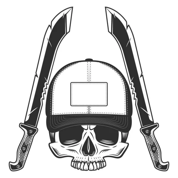 无颚骷髅 头戴棒球帽 丛林里有猎手用大砍刀锋利的近战武器 在白色背景上孤立的黑白矢量 — 图库矢量图片