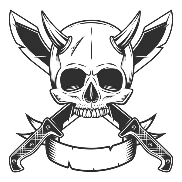 Skull Horn Jaw Crossed Machete Sharp Knife Ribbon Melee Weapon — Stock Vector