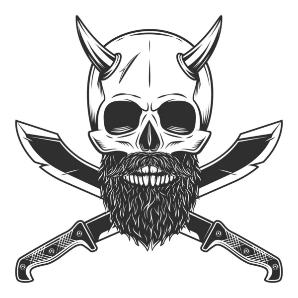 Crâne Avec Corne Barbe Moustache Machette Couteau Pointu Arme Mêlée — Image vectorielle