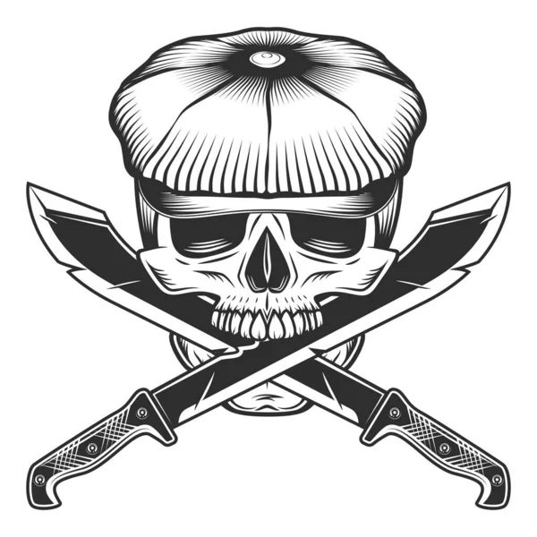 Cráneo Gorra Plana Machete Cuchillo Afilado Arma Cuerpo Cuerpo Cazador — Archivo Imágenes Vectoriales