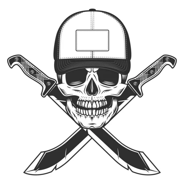 野球帽の頭蓋骨とジャングルのハンターの鋭いナイフ格闘武器をマチェーテ 白の背景に隔離された黒と白のベクトル — ストックベクタ