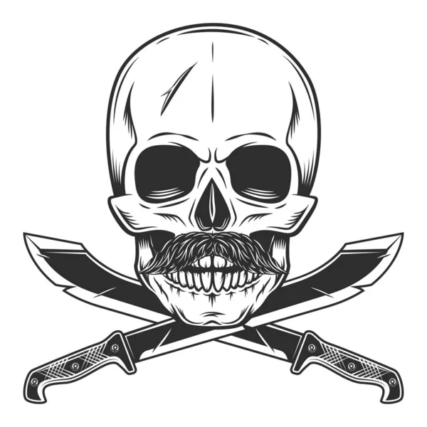 Crâne Moustache Avec Machette Croisée Couteau Tranchant Arme Mêlée Chasseur — Image vectorielle