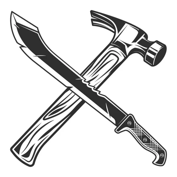 Machete Construction Hammer Icon Sharp Knife Melee Weapon Hunter Jungle — Stock Vector