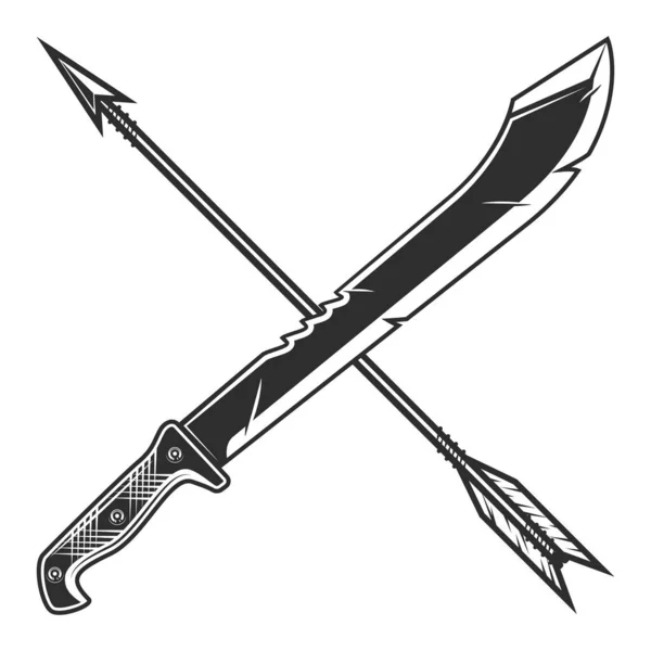 矢のアイコンとナイフをマチェーテジャングルのハンターの格闘武器 白の背景に隔離された黒と白のベクトル — ストックベクタ